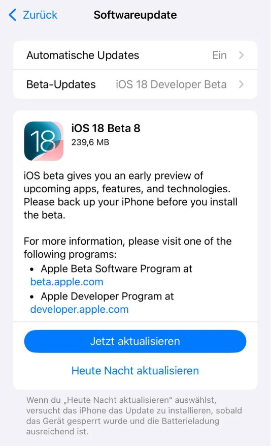 赤峰苹果手机维修分享苹果 iOS / iPadOS 18 开发者预览版 Beta 8 发布 